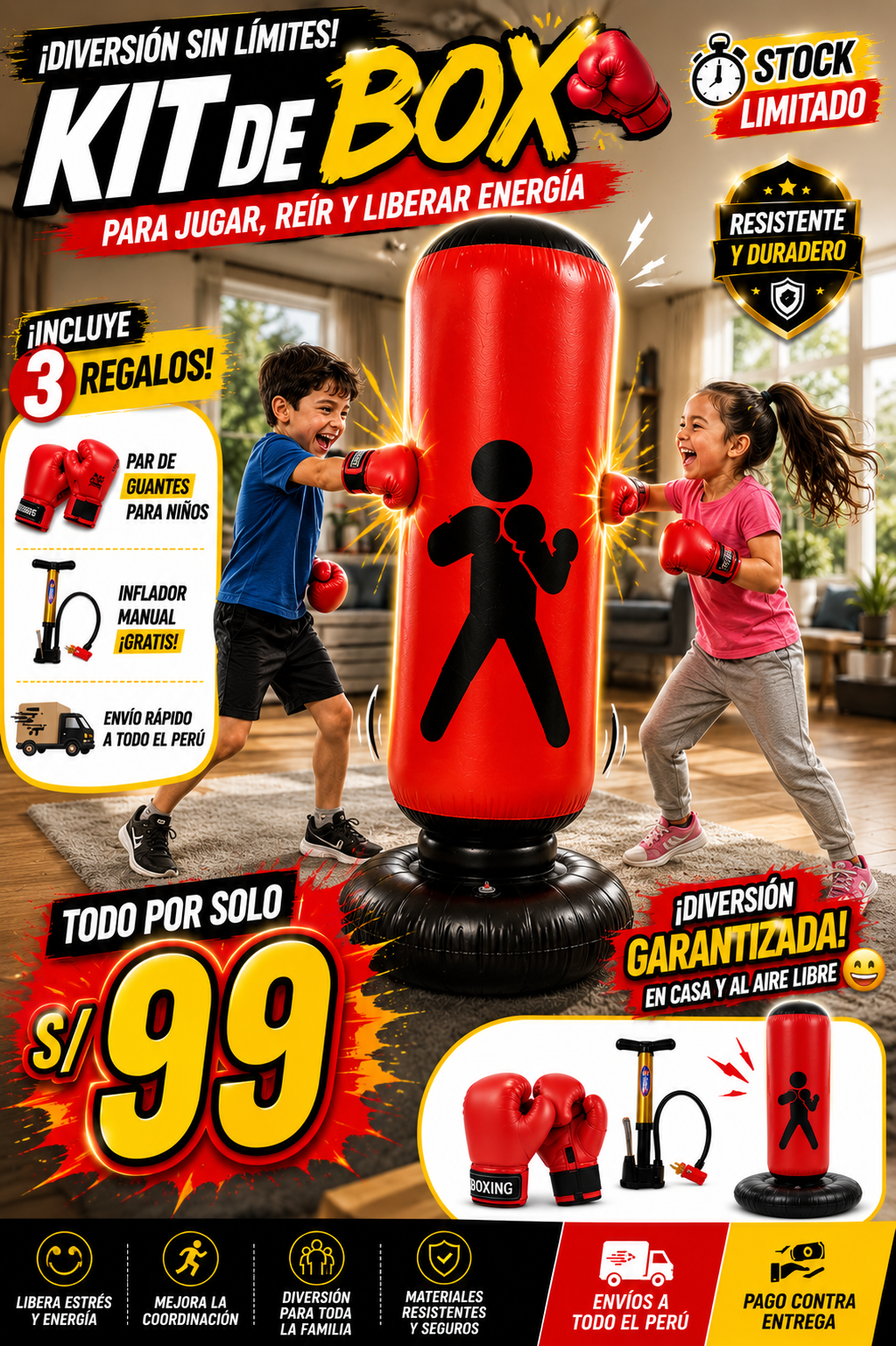 🥊 Kit de Box Inflable para Niños | 🧤 Incluye Guantes + 💨 Inflador Gratis 🎁